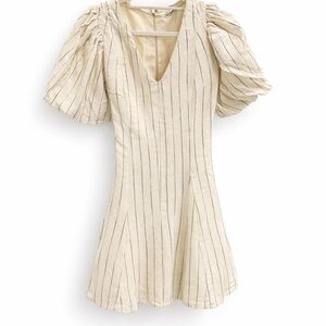 Tinsel Cream Striped Puff-Sleeve V-Neck Dress